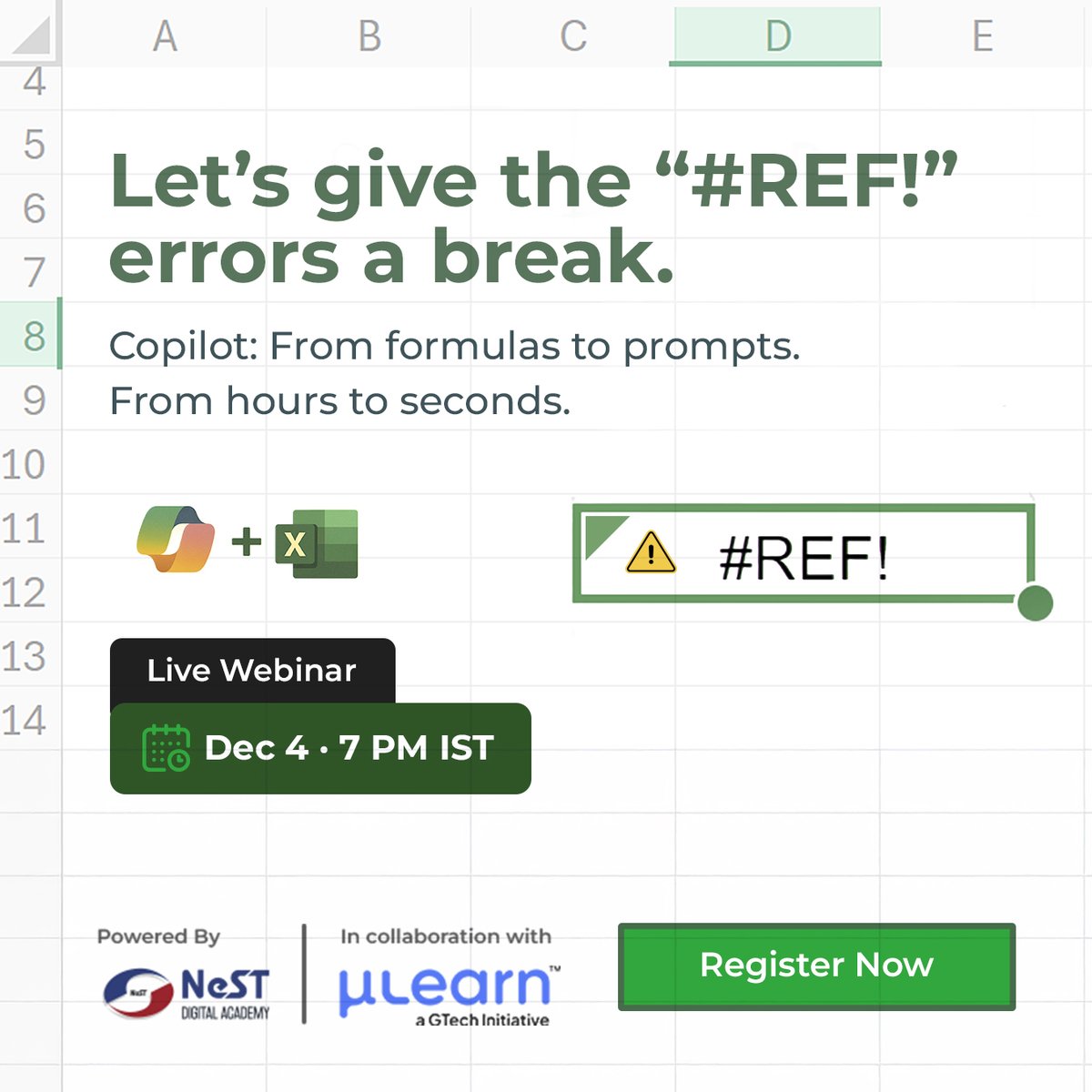 NeSTdgtl's tweet image. Still losing hours to formulas and cleanup in #Excel?

#Copilot turns everything into prompts — fast insights, clean data, reports in seconds.

See it live in our #webinar and start using these workflows immediately.

Register: events.teams.microsoft.com/event/320b15f5…