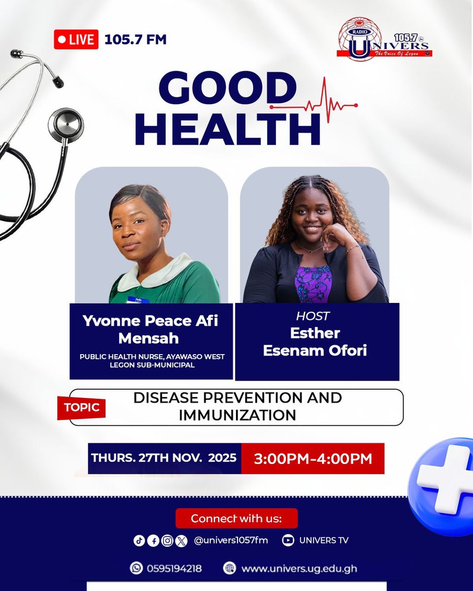univers1057fm's tweet image. Today on Good health, we talk about early detection, healthy habits, and immunization for preventable diseases.

Listen LIVE via the link🎧:
🔗cast5.asurahosting.com/proxy/poboxlgl…

Or

🔗univers.ug.edu.gh
(Click the livestream button)

#DiseasePrevention
#GoodHealth
#RadioUnivers