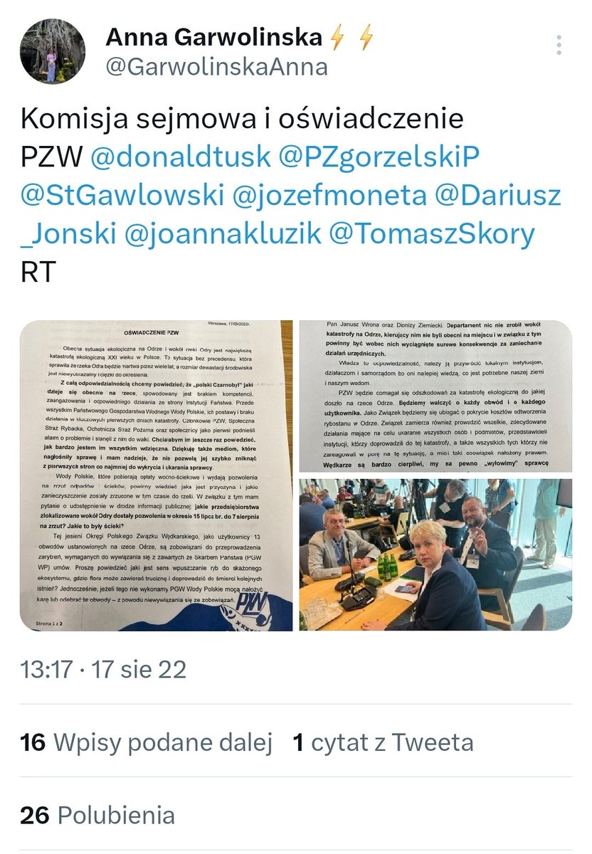 🔹️Pisałem o paraliżu ze względu na spór kontrolerów lotu z PAŻP i roli Anny Garwolińskiej. 

To patrzcie teraz. 

🔹️2022 r. Katastrofa na Odrze. Kto huśta naszą łódką, będąc doradcą Polskiego Związku Wędkarskiego? Anna Garwolińska. 

Czytajcie tylko polskich dziennikarzy. 🇵🇱