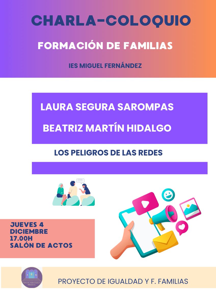 IESMF's tweet image. Nueva sesión d Formación d Familias en colaboración con el Plan d Igualdad. El jueves 4 d diciembre os esperamos a ls 17:00 en el Salón de Actos del @IESMF para realizar una charla-coloquio sobre los peligros de las redes @UnidadContraVG Más información ➡️ instagram.com/p/DRjfG9UDH-u/…