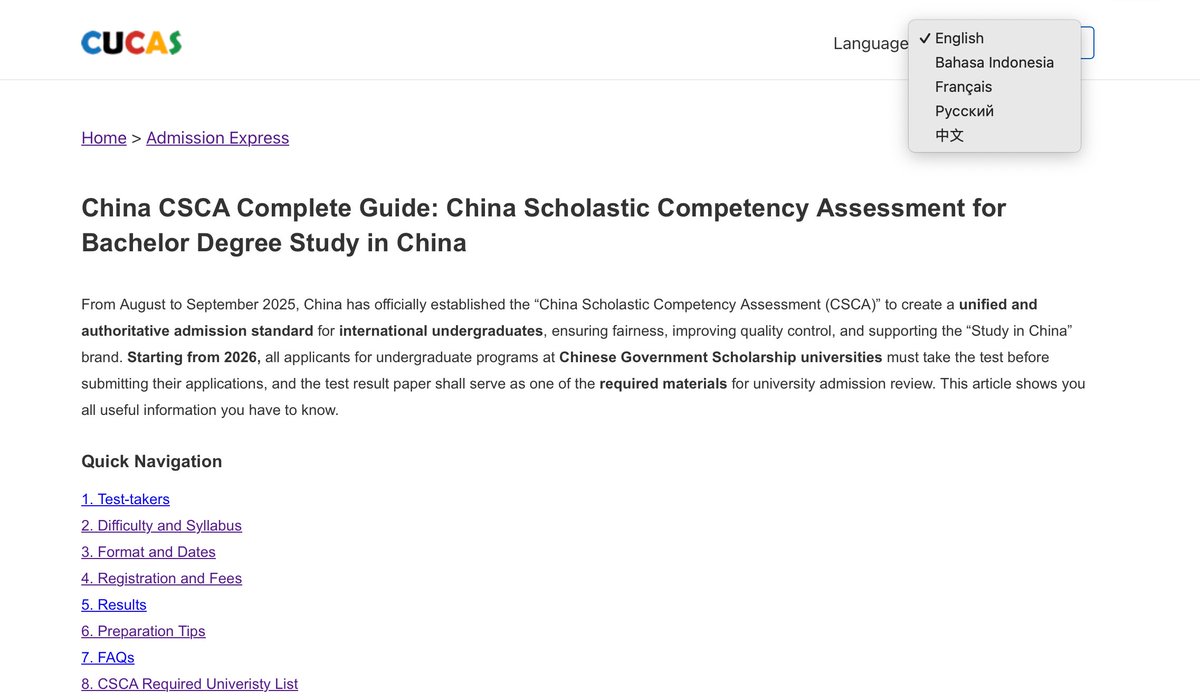 To help you better understand the China CSCA, our comprehensive guide is now available in 5 languages now:  
English: cucas.cn/csca
Indonesia:  cucas.cn/id/csca
Français: cucas.cn/fr/csca
Русский: cucas.cn/ru/csca
中文: cucas.cn/cn/csca