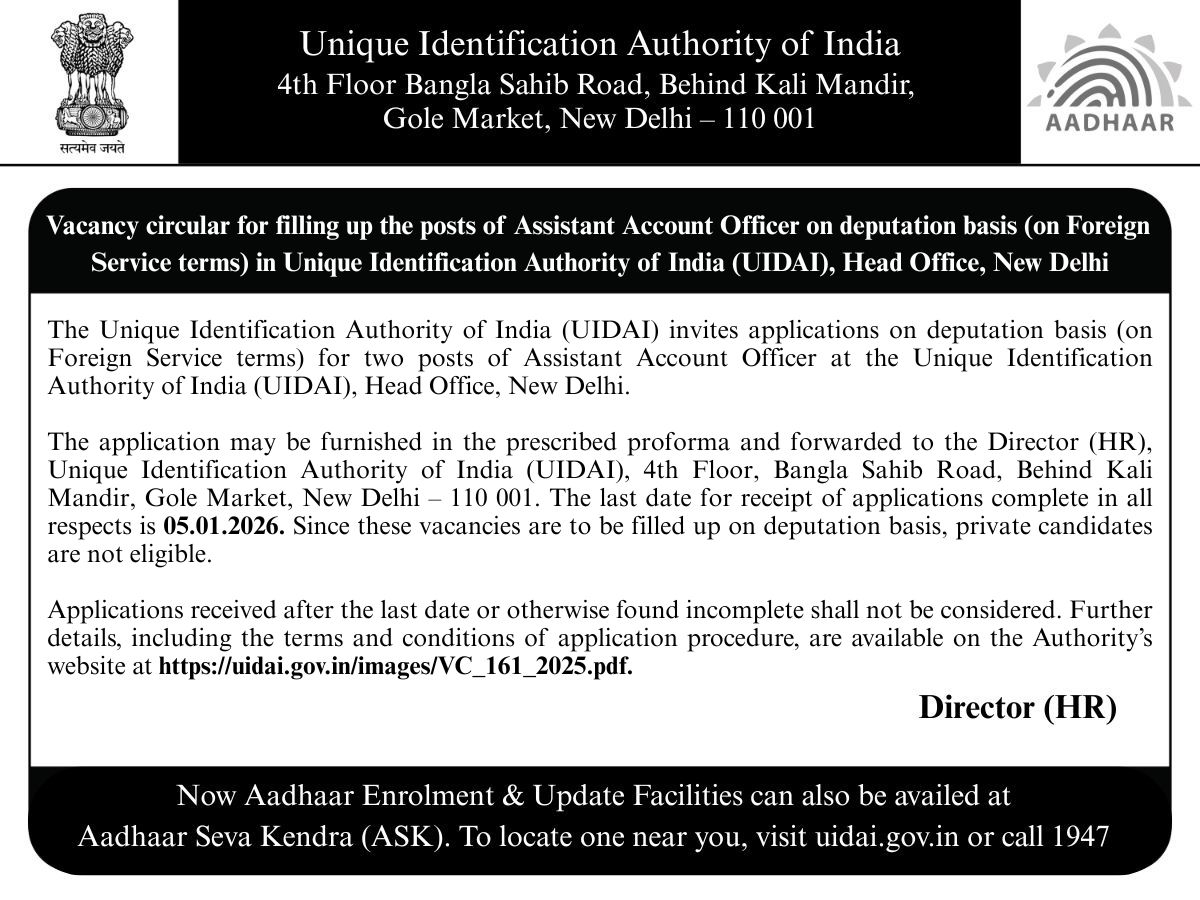 UIDAI's tweet image. #UIDAI invites applications for two posts of Assistant Account Officer on deputation basis (on Foreign Service terms) at its Head Office, New Delhi.

Please read the instructions carefully before applying. For more details, visit: uidai.gov.in/images/VC_161_…

The last date to apply…