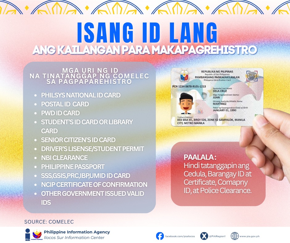 PIAregion1's tweet image. Basaen ditoy dagiti ID a mabalin nga usaren para iti panagparehistro.
Source: COMELEC
#VoterRegistration2025 #COMELEC #IntegratedStateMedia #BagongPilipinas #ISM