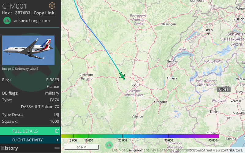 🛫 Le DASSAULT Falcon 7X F-RAFB CTM001 de la flotte de l'ET 060 a été détecté à 13 225 ft près de l'aéroport Roanne Renaison Airport (RNE/LFLO) - Suivi: globe.adsbexchange.com/?hideSidebar&h…