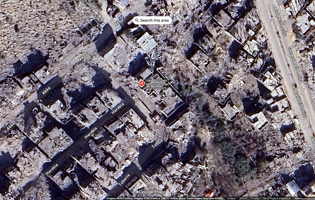 Έχουν ανέβει στο Google Maps τα πειστήρια της Ισραηλινής γενοκτονίας στη #Γάζα.

Θυμάστε παλιά που έλεγαν οι Σιωναζί ότι έχουν τον πιο ηθικό στρατό που δεν βομβαρδίζει ποτέ νοσοκομεία; 

Ιδού η πραγματική εικόνα γύρω από το Al Shawa Μedical Center στην πόλη της Γάζας 🇵🇸 👇