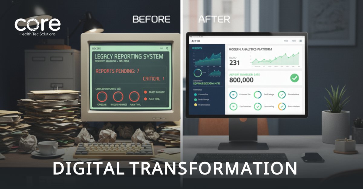 CORETransformAi's tweet image. Before digital transformation: scattered data and delayed reports.
After CORE: real-time visibility, synchronized insights, and smarter decisions.
How has digital transformation changed your day-to-day workflow?
#CORE #DigitalTransformation #HealthTech