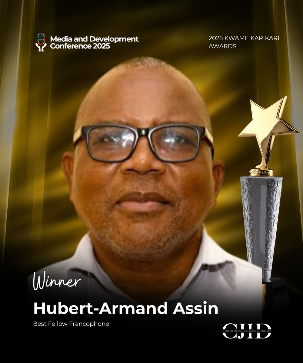 CJIDAfrica's tweet photo. Congratulations to Hubert-Armand Assin (@armand_assin), winner of the Best Fellow Francophone category at the 2025 Kwame Karikari Awards.

This recognition honours his dedication to integrity, depth, and a storytelling approach that strengthens trust and expands understanding across the Francophone region.

#MDC2025 #MediaDevCon2025 #KwameKarikariAwards2025