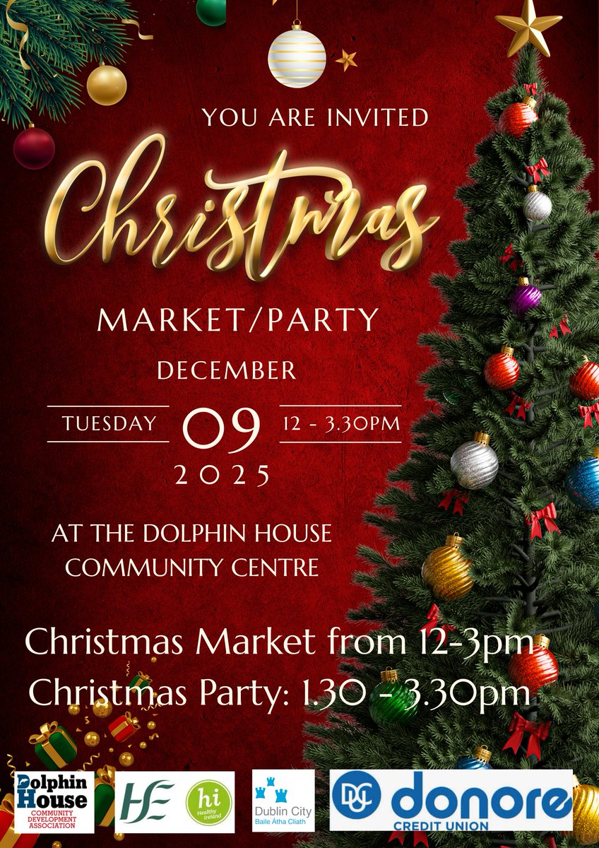 StAndrewsRialto's tweet image. Christmas Market &amp;amp; Party at @DolphinHouseD8 🎄

🗓 Tues Dec 9, 2025
⏰ 12–3:30pm
🎁 Market: 12–3pm
🎉 Party: 1:30–3:30pm

Come along and get into the holiday spirit.
#DolphinHouse #CommunityEvent #WinterInDublin