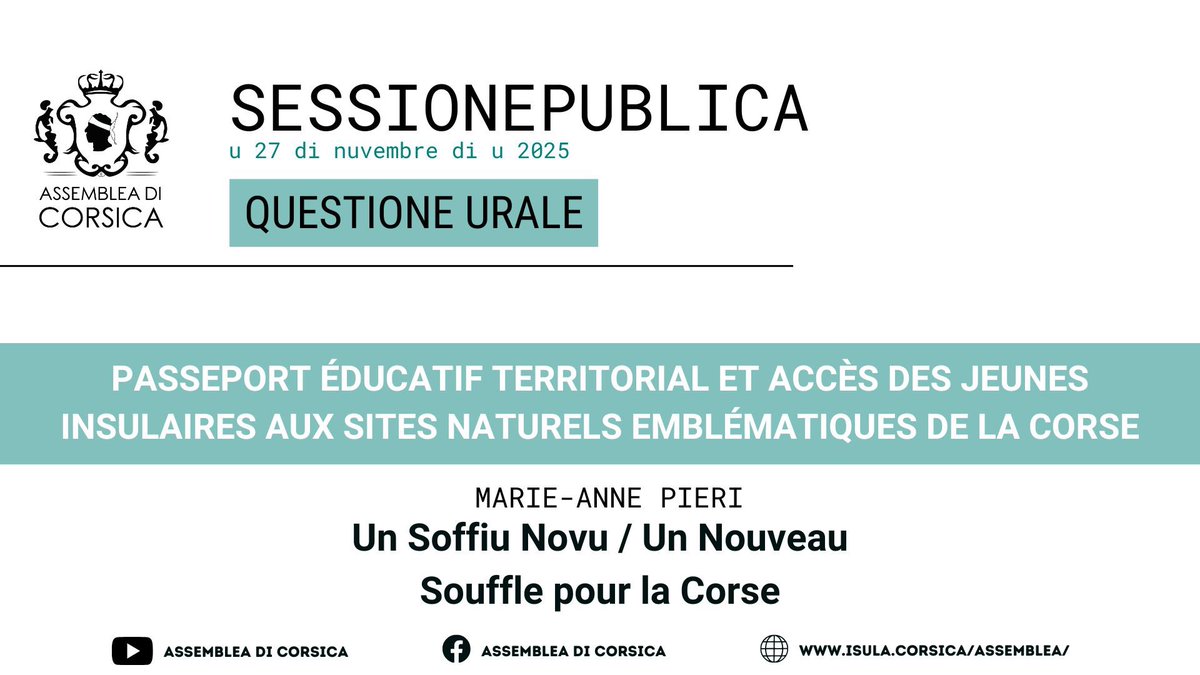 .<a href="/marieannepieri/">Marie-Anne PIERI</a> au nom du groupe <a href="/SoffiuNovuAC/">Un Soffiu Novu, un Nouveau Souffle pour la Corse</a> interroge le Conseil exécutif de Corse sur le passeport éducatif territorial et l’accès des jeunes insulaires aux sites naturels emblématiques #ACinVivu
ℹ️ isula.corsica/assemblea/docs…