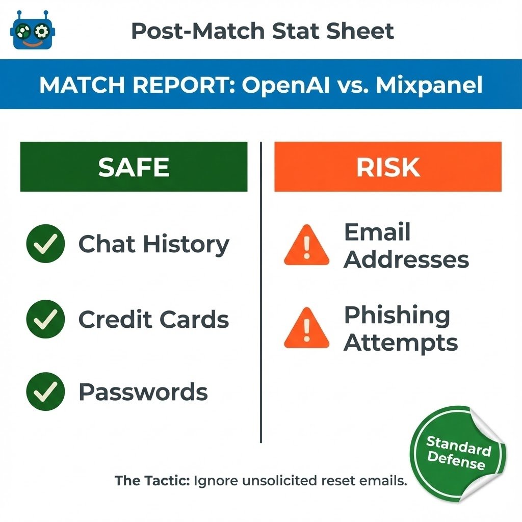 OpenAI × Mixpanel — the 60-second match report 🧠

Clean sheet →
• No chats, payments, or API keys.
• ChatGPT app folks mostly fine.

Own goal →
• Some API user metadata (name, email, city, device/browser).

Counter-attack risk → phishing.

Gaffer’s advice:
• Don’t click