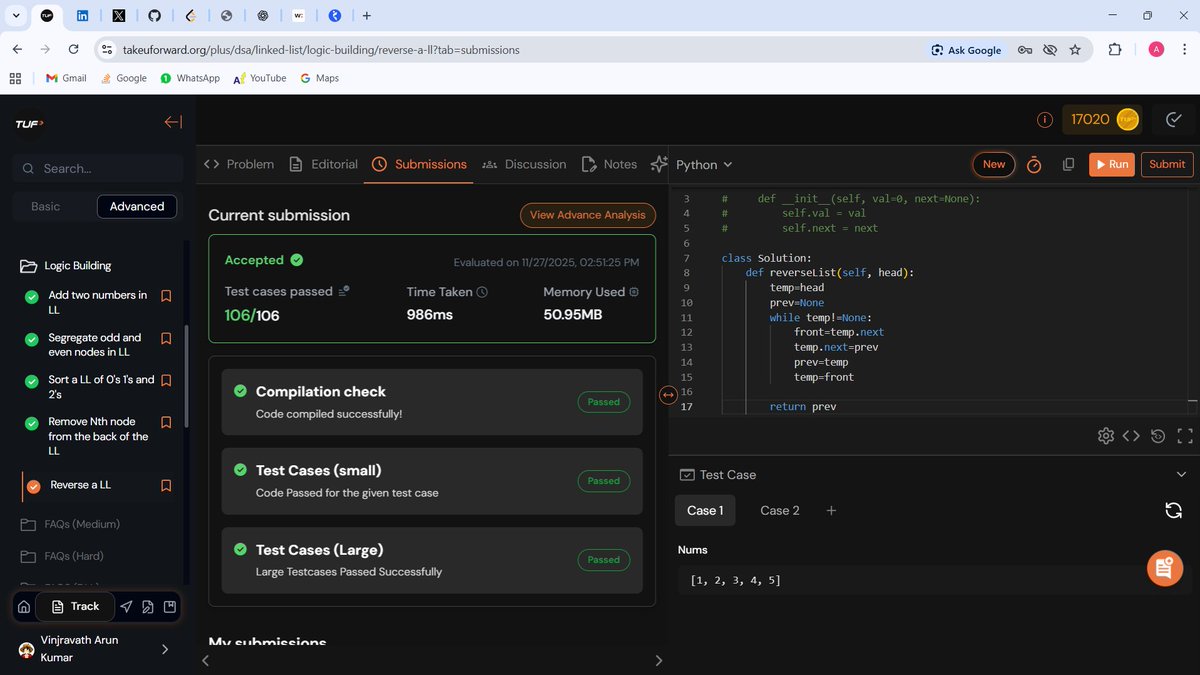 arunpwr2712's tweet image. Day 43 of #TUFWinterArc ⚡
Completed the Logic - Building Linked List problems from Striver’s A2Z DSA Sheet by @takeUforward_  and @striver_79 .
Clearer structure, stronger pointer intuition.
#DSA #LinkedList #Striver #takeUforward