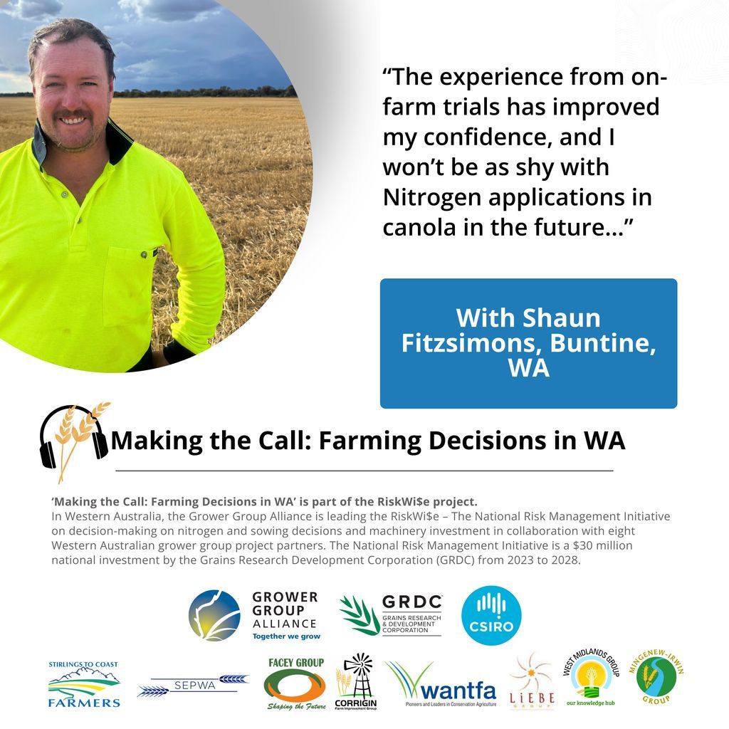 Liebe's Aeneva Poulish chats with Buntine farmer Shaun Fitzsimons on how trials are influencing his canola N decisions.
🎧 [buff.ly/5D2wQBP](buff.ly/5D2wQBP)
#GRDC RiskWi$e
<a href="/GGA_WA/">Grower Group Alliance</a> <a href="/theGRDC/">GRDC</a> <a href="/CSIRO/">CSIRO</a> @SEPWA <a href="/FaceyGroup/">Facey Group</a> <a href="/CFIG_AG/">CFIG</a> <a href="/WMG_WA/">West Midlands Group</a> <a href="/WANTFA_farming/">WANTFA</a> <a href="/GroupMIG/">Mingenew Irwin Group</a>