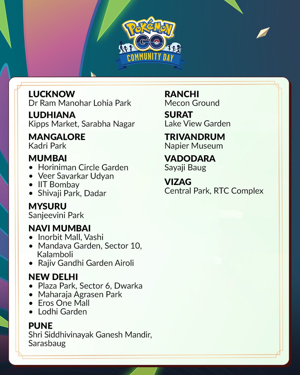 Trainers, we want to announce the November Community Day meetups! On Sunday, November 30, join Trainers in cities across India and enjoy various activities. Meet you out there.