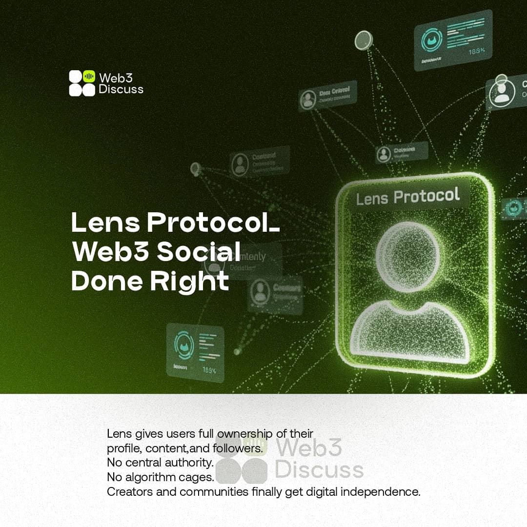 Web3Discuss's tweet image. Lens Protocol feels like what social media should’ve been from day one. 

It&apos;s Simple, open, and actually yours. No random bans, no algorithm stress, no waking up to see your reach disappear. You actually get to  control your space, your audience, and what you create. 

It’s not…