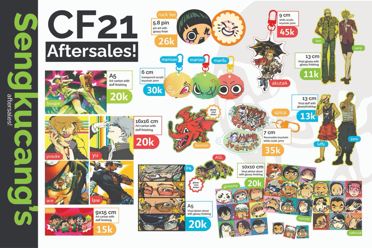 Likes &amp; Reposts are appreciated <3✌️

Sengkucang's CF21 after sale sudah sampaaaaii

📆27 Nov - 3 Dec 2025
⭐order link: docs.google.com/forms/d/1NTiBS…
🥬 Fandoms: One Piece, Naruto, Yakuza, Gachiakuta, Gintama, Umamusume, Eyeshield 21, Persona 4!!

#cf21catalogue #cf21aftersales