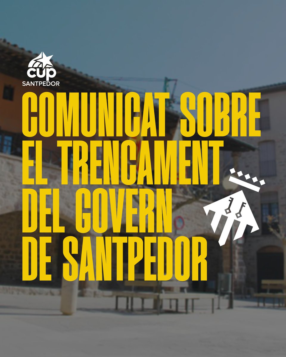 CUP_Santpedor's tweet photo. 📢 🟨 Després de la sortida de Junts, ara ERC governa #Santpedor en minoria i necessitarà acords amb l'oposició per tirar endavant l'acció de govern.

La CUP continuarem treballant com fins ara, i si ERC vol comptar amb els nostres vots, haurà de fer un gir.👇🏻 https://t.co/iXEOgIULTu