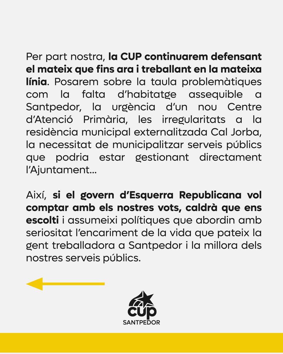 📢 🟨 Després de la sortida de Junts, ara ERC governa #Santpedor en minoria i necessitarà acords amb l'oposició per tirar endavant l'acció de govern.

La CUP continuarem treballant com fins ara, i si ERC vol comptar amb els nostres vots, haurà de fer un gir.👇🏻