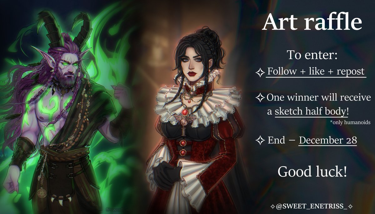 ✨ART RAFFLE ✨

To enter:
✨Follow + like + repost 

ONE winner will receive a 💜 sketch half body💜

End - December 28

Good luck! (❁´◡`❁)