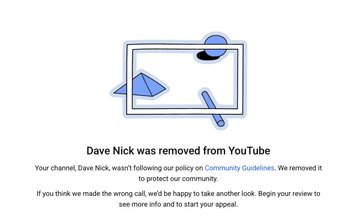 A stylized blue notification graphic from YouTube, featuring abstract shapes like a shield and warning icons, with no specific text overlays beyond the platform's branding.