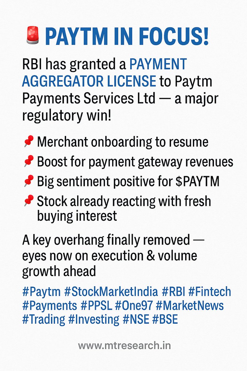 mtresearchh's tweet photo. 🚨 PAYTM IN FOCUS!
RBI has granted a Payment Aggregator License to Paytm Payments Services Ltd — a major regulatory win!
📌 Merchant onboarding to resume
#Paytm #StockMarketIndia #RBI #Fintech #Payments #PPSL #One97 #MarketNews #Trading #Investing #NSE #BSE https://t.co/hTm0kKSvxY