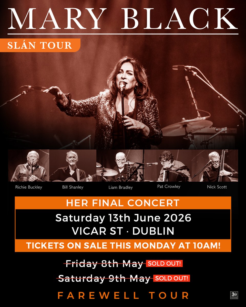 ★ ★ 𝗘𝗫𝗧𝗥𝗔 𝗗𝗔𝗧𝗘 𝗔𝗗𝗗𝗘𝗗 ★ ★ 

Due to phenomenal demand, Mary Black has just added a third and final night to her Slán Tour coming to <a href="/Vicar_Street/">Vicar St</a> on Saturday 13 June 2026!  🖤

🎟️ Tickets on sale This Monday at 10AM