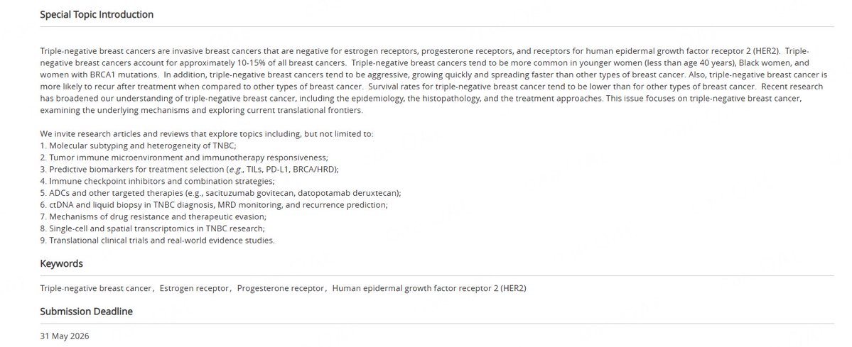 OAE_JCMT's tweet image. 🚨 #CallForPapers 
🔬 Seeking cutting-edge studies... “Triple-Negative Breast Cancer: From Mechanisms to Translational Frontiers.”
📢 Researchers worldwide are warmly invited to contribute： oaecenter.com/login?JournalI…

Let’s push the boundaries of #TNBC research !
#CancerResearch