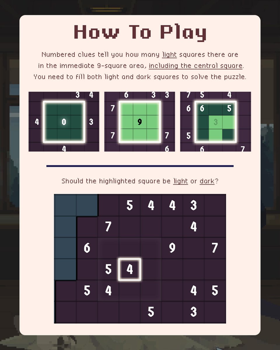 divide_plunder's tweet image. Happy Friday! Let&apos;s celebrate with a #puzzle. 🕺

Can you figure out whether the highlighted square should be light or dark?

Take a look at my recent past posts for more Mosaic of the Strange puzzles, too! 👀

#indiedev #gamedev #indiegame #puzzlegame