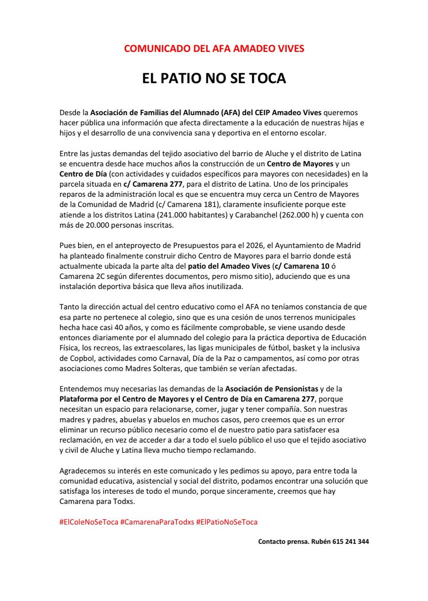 Aluche necesita un centro de mayores en C/ Camarena, no en el patio del colegio Amadeo Vives. Ese espacio es vital para niños y actividades y no puede desaparecer. ¡Defendamos el patio y luchemos por un centro adecuado para mayores sin sacrificar espacios infantiles!
