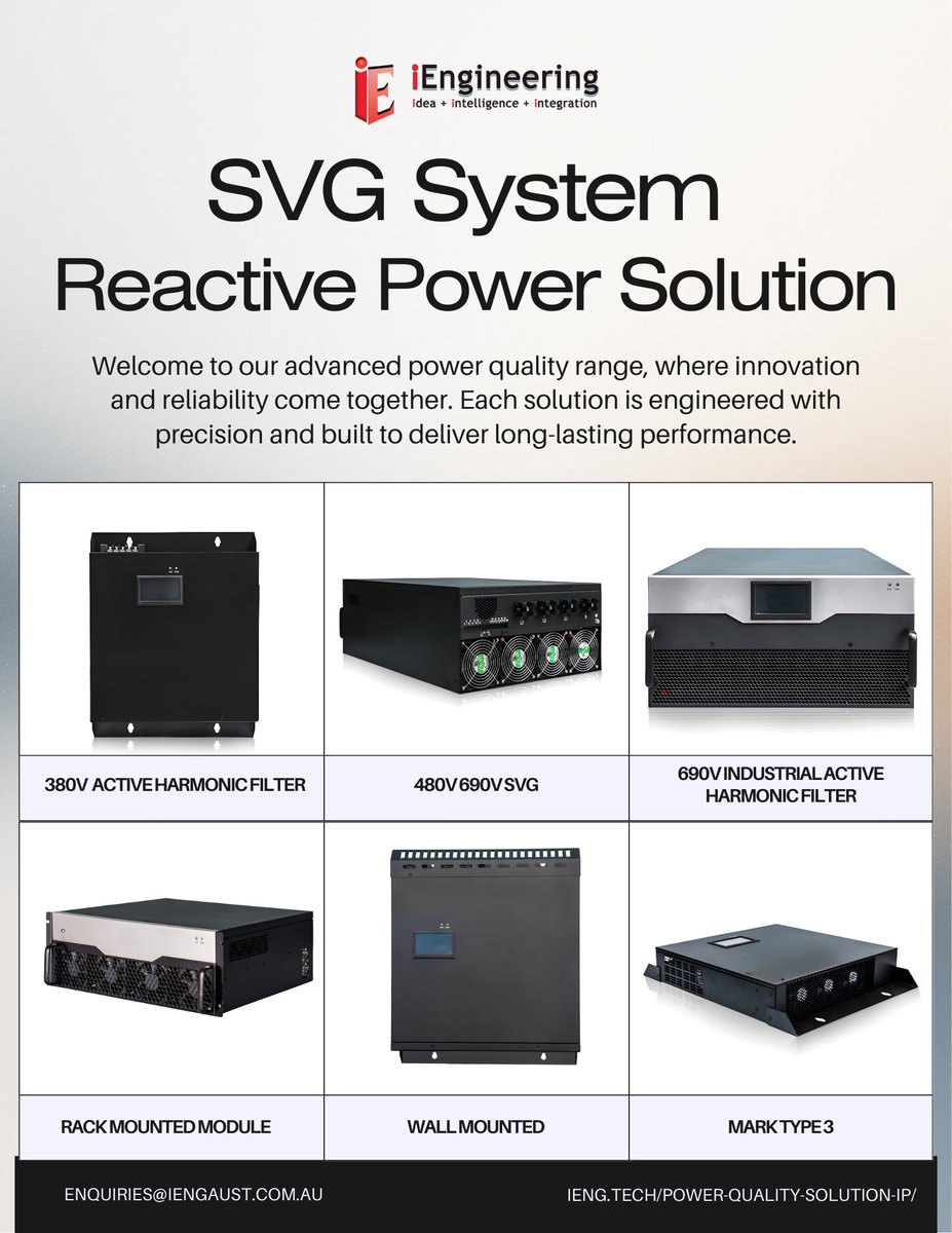 iEngAust's tweet photo. Improve your power quality with AHF SVG! Achieve better power factor, reduce harmonics &amp; enhance system stability efficient and reliable.
📩 enquiries@iengaust.com.au
#AHFSVG #PowerQuality #EnergyEfficiency #IndustrialPower #IENgTech https://t.co/VQDemrAq6Q