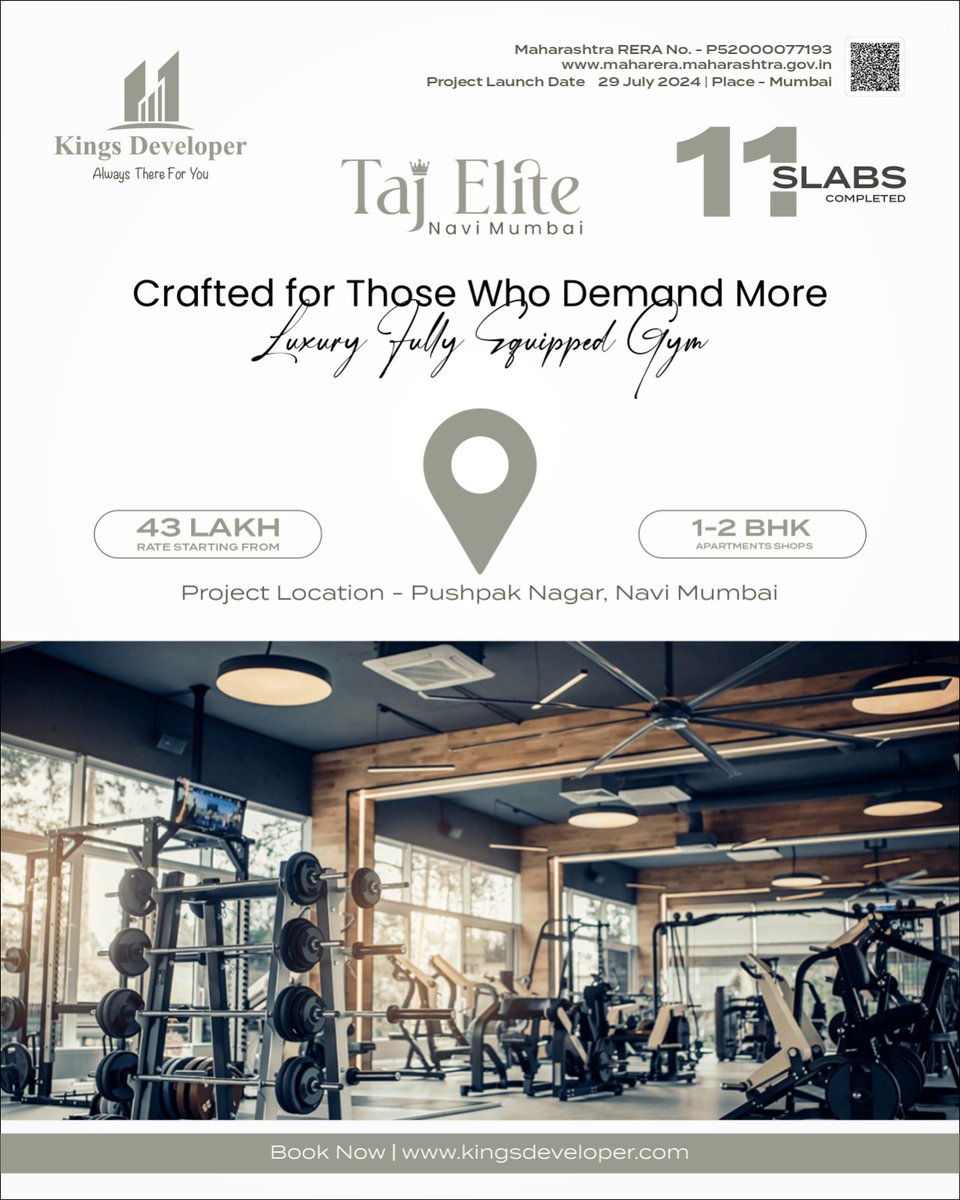 developer_kings's tweet image. Elevate your lifestyle at Taj Elite, Navi Mumbai 🏙️ Luxury 1 &amp;amp; 2 BHK homes starting at just ₹43 Lakh* with a world-class fully equipped gym 💪
Pushpak Nagar | RERA Approved | Ready Possession
Book your dream home now! 👉 kingsdeveloper.com
#TajElite #NaviMumbai