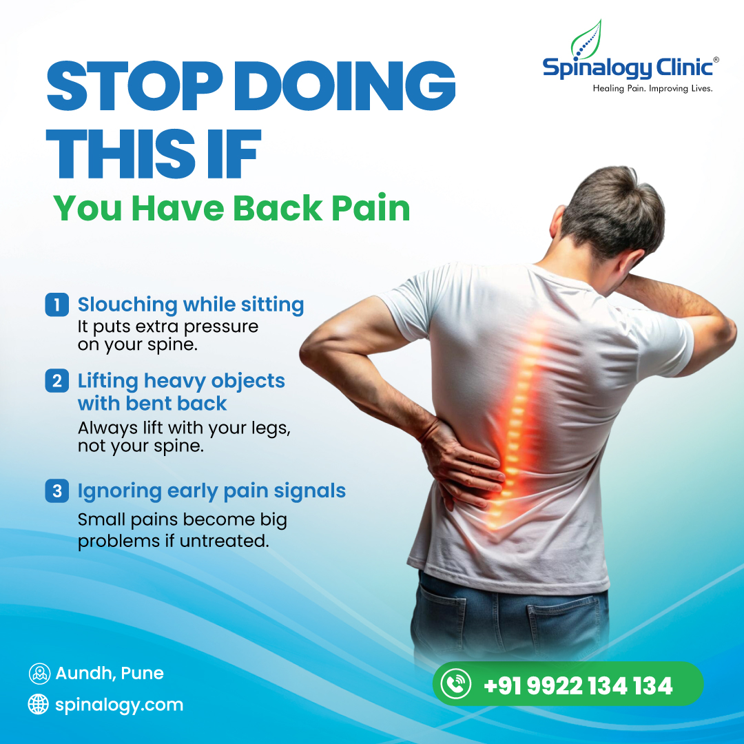 spinalogy's tweet image. Back pain getting worse without a reason? ⚠️

Slouching at your desk, lifting with a bent back, and ignoring small aches are habits that quietly damage your spine over time. 

visit: spinalogy.com

#BackPainAwareness #Ergonomics #BackPain #BackPainTreatment #PuneClinic