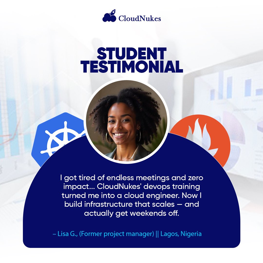 CloudNukes's tweet image. Lisa left a draining role and became a cloud engineer.
One decision changed her life.

Book a free discovery call today.
👉 shorturl.at/GZ0vX

#CloudNukes #DevOps #CloudEngineering #TechCareers #CareerSwitch #AWS #Azure #TechTraining #NigeriaTech #Upskill