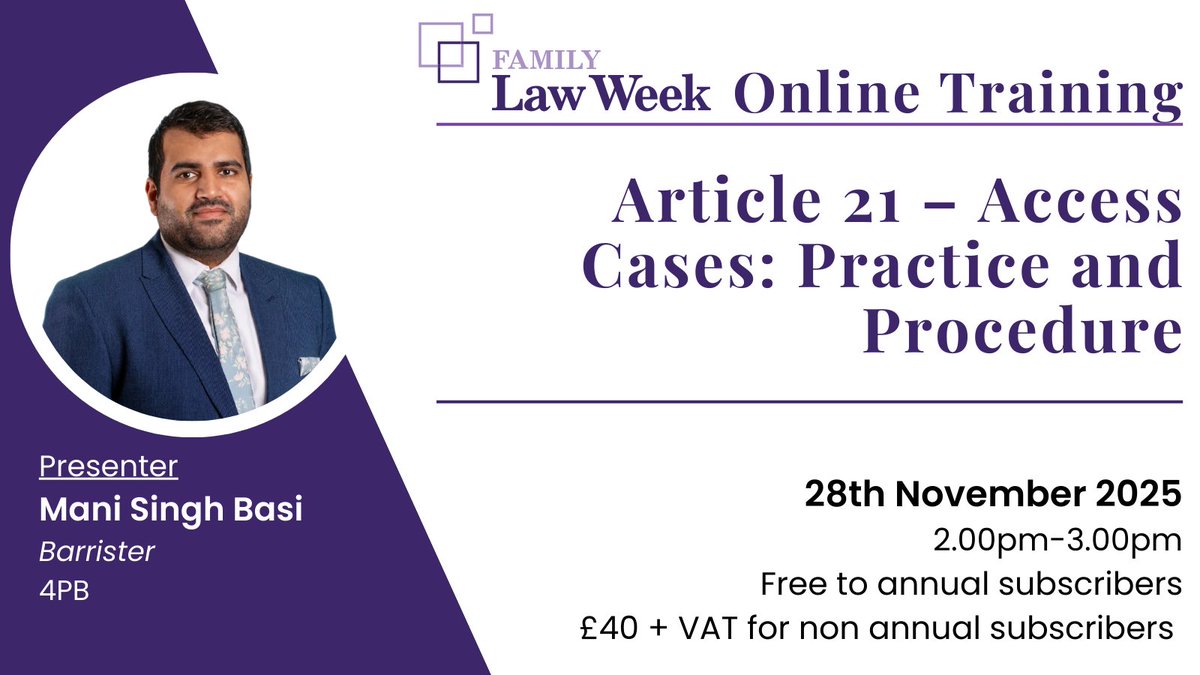 Don't miss this month's training webinar.  

<a href="/mani_basi/">Mani Singh Basi</a>, our Managing Editor &amp; Barrister <a href="/4PBFamilyLaw/">4PB</a>  will be joining us for 'Article 21 – Access Cases: Practice and Procedure'.
Book your place today: bit.ly/48DnF2E

#FamilyLaw #ChildrenLaw #InternationalLaw