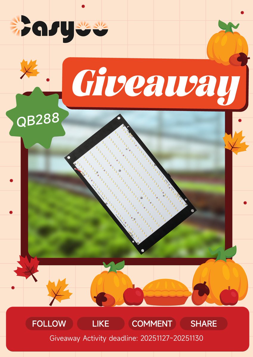 casyoo_led's tweet photo. #Thanksgiving #Giveaway is LIVE! π
Win a QB288 LED Quantum Board β perfect for indoor growing.
How to join:
β Follow @Casyoo
β Like
β Comment
β Repost + tag us
π
Nov 27β30, 2025
1 winner will be selected after the event.
#Casyoo #Thanksgiving2025 #LEDGrowLight https://t.co/3faxrcOf8L