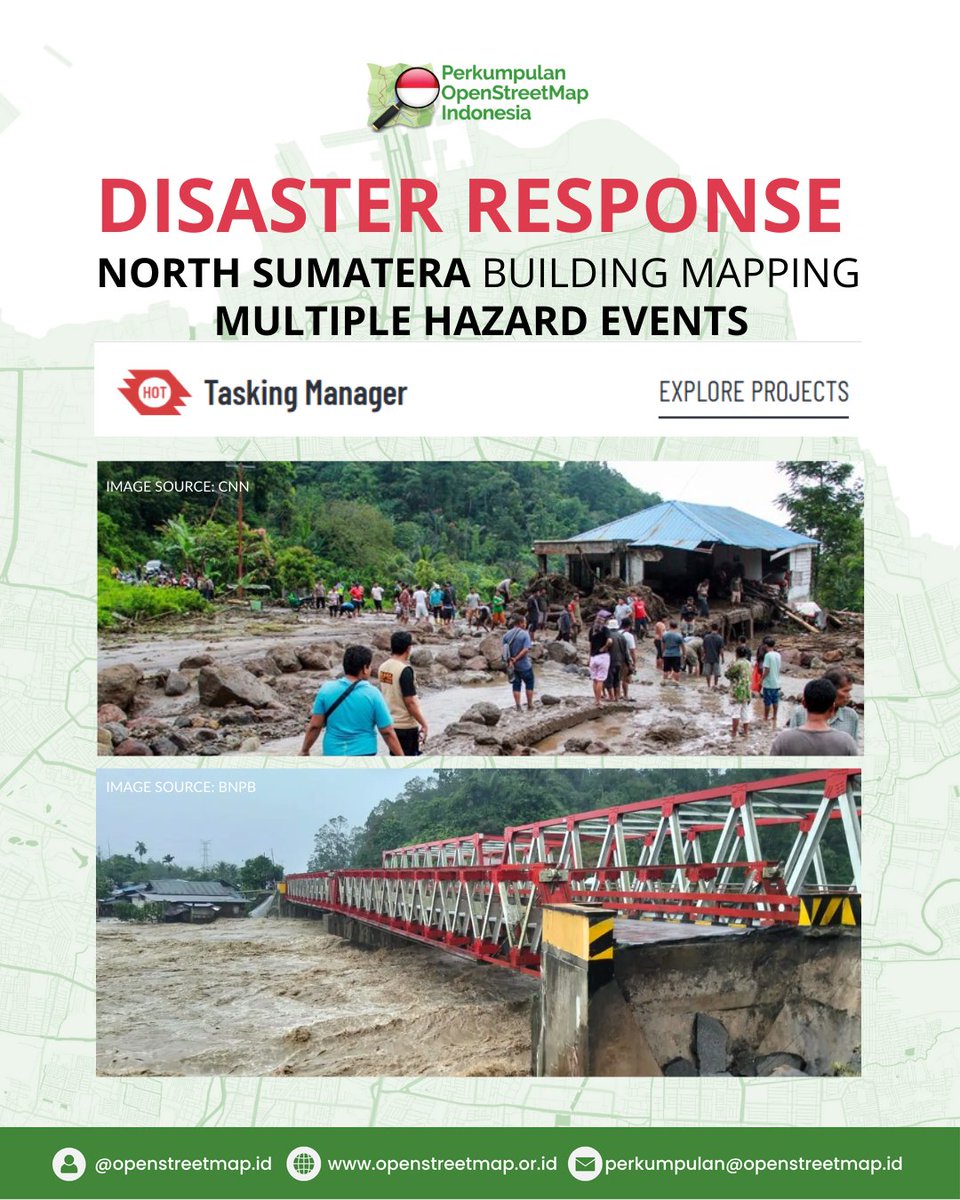 OSM_ID's tweet image. Bencana banjir, longsor, dan angin puting beliung pada Rabu, 26 Nov 2025 melanda 12 wilayah di Sumut.

Yuk bantu pemetaan bangunan terdampak melalui OpenStreetMap.
🔗 task.hotosm.org
🔍 Project: #36537 &amp;amp; #36538

#SumutBersama #DisasterResponse #OpenStreetMap #HOTOSM