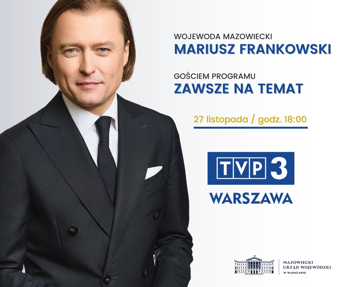 Wojewoda mazowiecki <a href="/M_Frankowski/">Mariusz Frankowski</a> będzie gościem programu "Zawsze na Temat" Rozmowa będzie dotyczyć Programu Ochrona ludności i obrona cywilna.

📺 <a href="/TVP3Warszawa/">TVP3 Warszawa</a> 
🕧 Godz. 18:00

#OLiOC