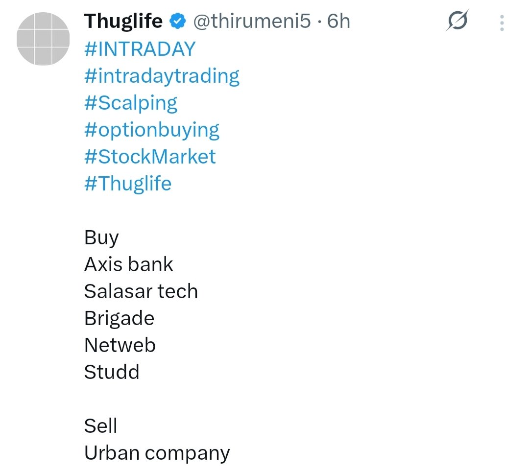 thirumeni5's tweet image. #INTRADAY 
#intradaytrading 
#Scalping 
#optionbuying 
#StockMarket 
#Thuglife 

Results

Buy

Axis bank
1290 to 1304💪

Salasar tech
10.04 to 10.79💪

Brigade
912 to 928🔥

Netweb
3291 to 3384🔥🔥🔥

Studd
554 to 572🔥🔥🔥

Sell

Urban company
138 to 140🔥🔥