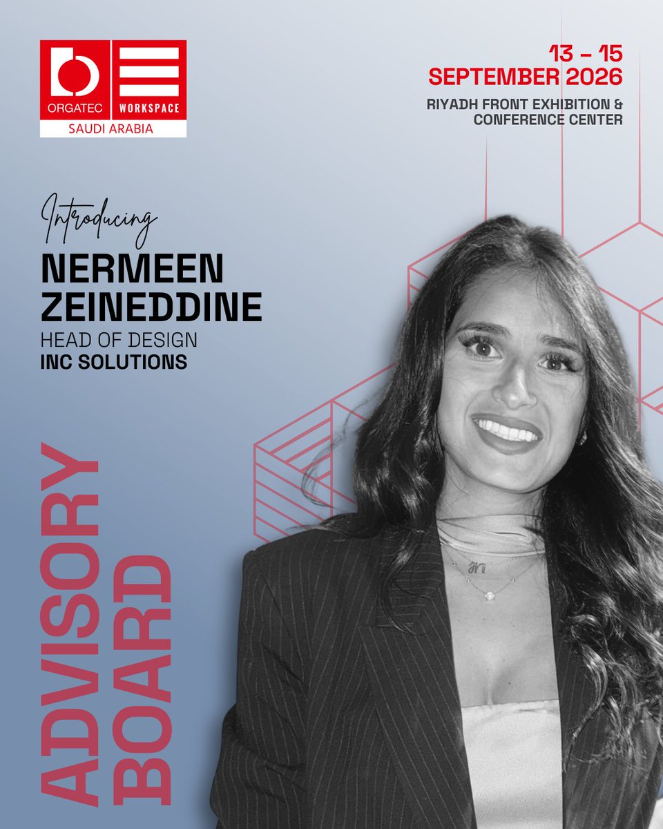 OrgatecSaudi's tweet image. We’re pleased to welcome Nermeen Zeineddine, Head of Design at INC KSA, to the 2026 Advisory Board.

She leads award-winning projects like AviLease, Ritz-Carlton &amp;amp; DGDA, creating people-first workspaces that blend local heritage with global design.

#ORGATECWorkspaceSaudi