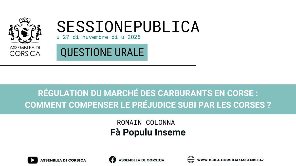 .<a href="/Romain_Colonna/">Romain Colonna</a> au nom du groupe <a href="/fapopuluAC/">Fà Populu Inseme - Assemblea di Corsica</a> interroge le Conseil exécutif de Corse sur la régulation du marché des carburants en Corse : comment compenser le préjudice subi par les Corses ?  #ACinVivu
ℹ️ isula.corsica/assemblea/docs…