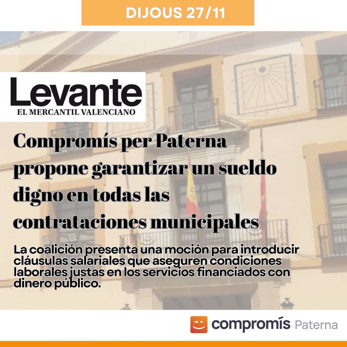 🟠 Des de Compromís per Paterna hem presentat una moció perquè totes les contractacions municipals garantisquen un salari i unes condicions laborals dignes.

⛔️No és acceptable que amb diners públics es pague precarietat. 

📰 Llig la noticia 👇🏻
comprom.is/VYpBhi5