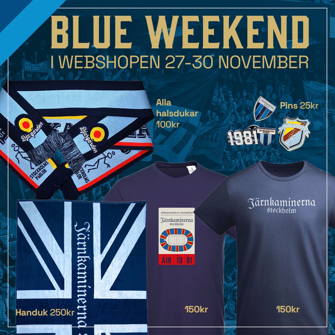 Missa inte Blue Weekend i vår webshop – den är redan igång och pågår till och med söndag klockan 23.59! Vi har bland annat alla halsdukar för 100 kronor och halva priset på två utvalda t-shirts!

Hela rean här: jarnkaminerna.webshop.pgm.nu/jk-blue-weeken…