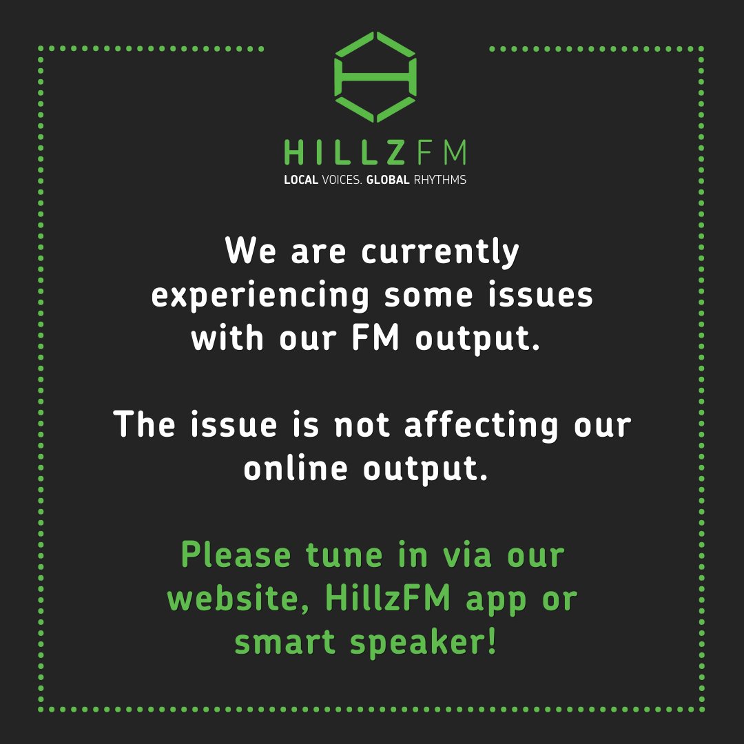 We’re currently experiencing issues with our FM output, but don’t worry we’re still live online! Tune in via our website, the HillzFM app, or your smart speaker. Thanks for your patience! #HillzFM #Coventry #CommunityRadio #RadioUpdate