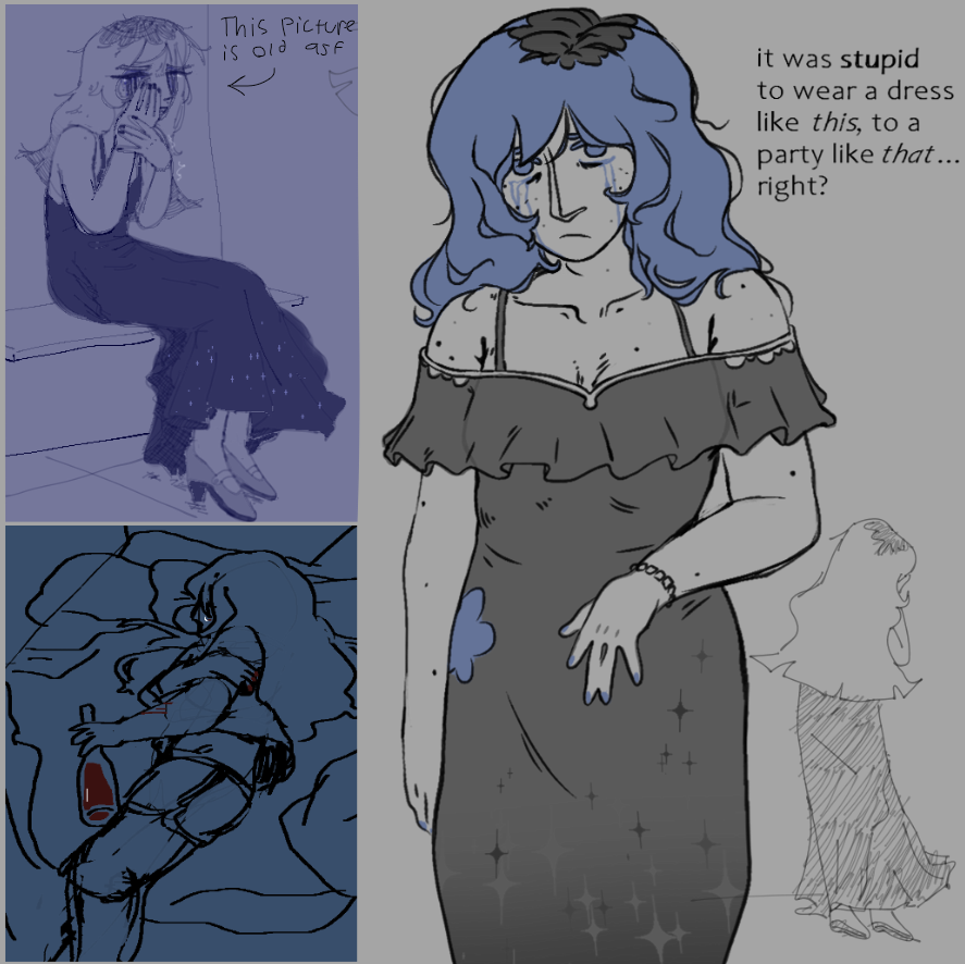 SpookuSeptember's tweet photo. i should post more about the sad blue trans one (Sage)
because i'm gonna make some test visual novel with her just to prepare for THE BIG ONE.
because people seem to like Sage and i'll post more about her around ig
here's her in a dress after a bad party and her drinking bed-wine https://t.co/5qpV34HdKE