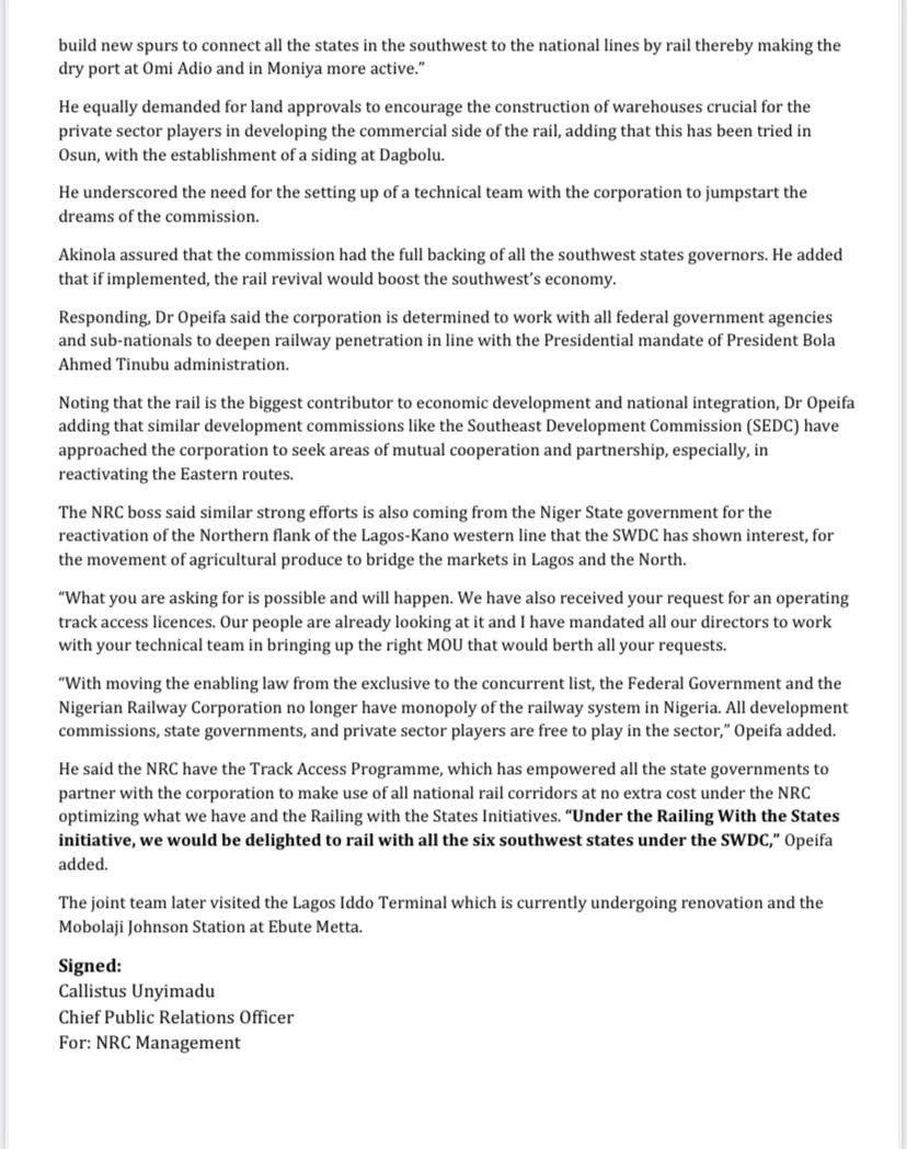 DrKayodeOpeifa's tweet image. NRC, SOUTH WEST DEVELOPMENT COMMISSION (SWDC) TO REVIVE RAIL CONNECTIVITY IN SOUTHWEST OF NIGERIA 
@swdcgov @info_NRC @officialABAT