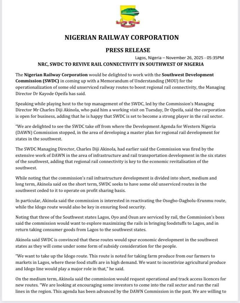 DrKayodeOpeifa's tweet image. NRC, SOUTH WEST DEVELOPMENT COMMISSION (SWDC) TO REVIVE RAIL CONNECTIVITY IN SOUTHWEST OF NIGERIA 
@swdcgov @info_NRC @officialABAT