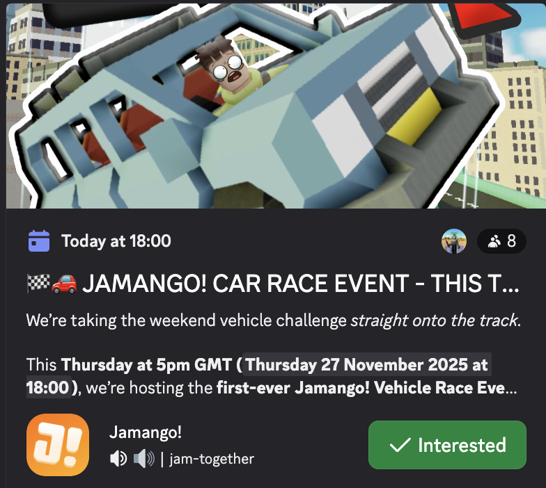 JamangoGame's tweet image. Hello world...

It&apos;s race day!

Join the discord to take part