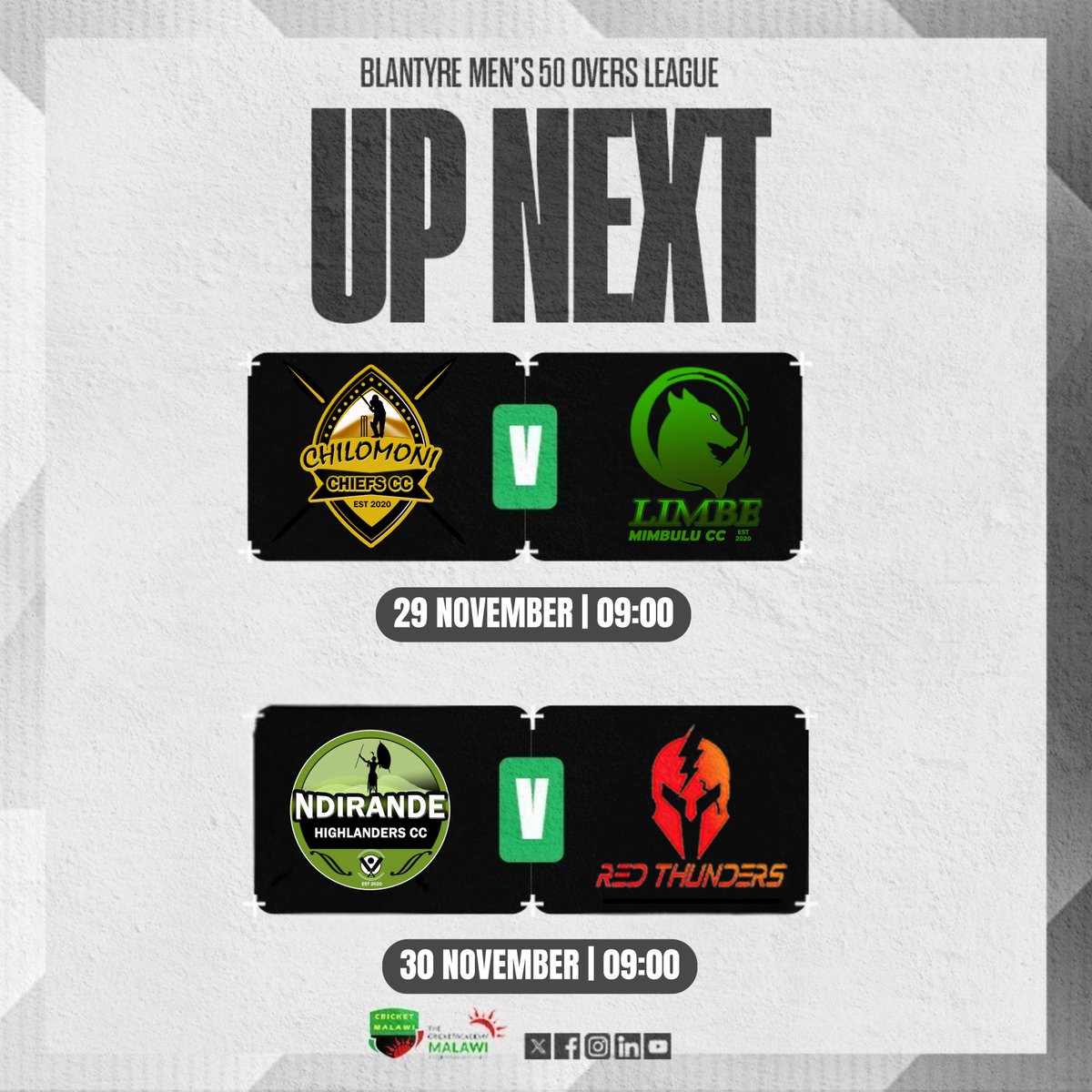 tcamalawi's tweet image. 🏏 Final weekend of the Blantyre Men’s 50 Over League!
Sat: Chiefs vs Mimbulu – 9AM
Sun: Thunders vs Highlanders – 9AM
Chilomoni lead the table heading into the last round — the top team after Sunday is crowned champions.
📍 TCA Oval
#CricketMalawi #50OverLeague #FinalWeekend