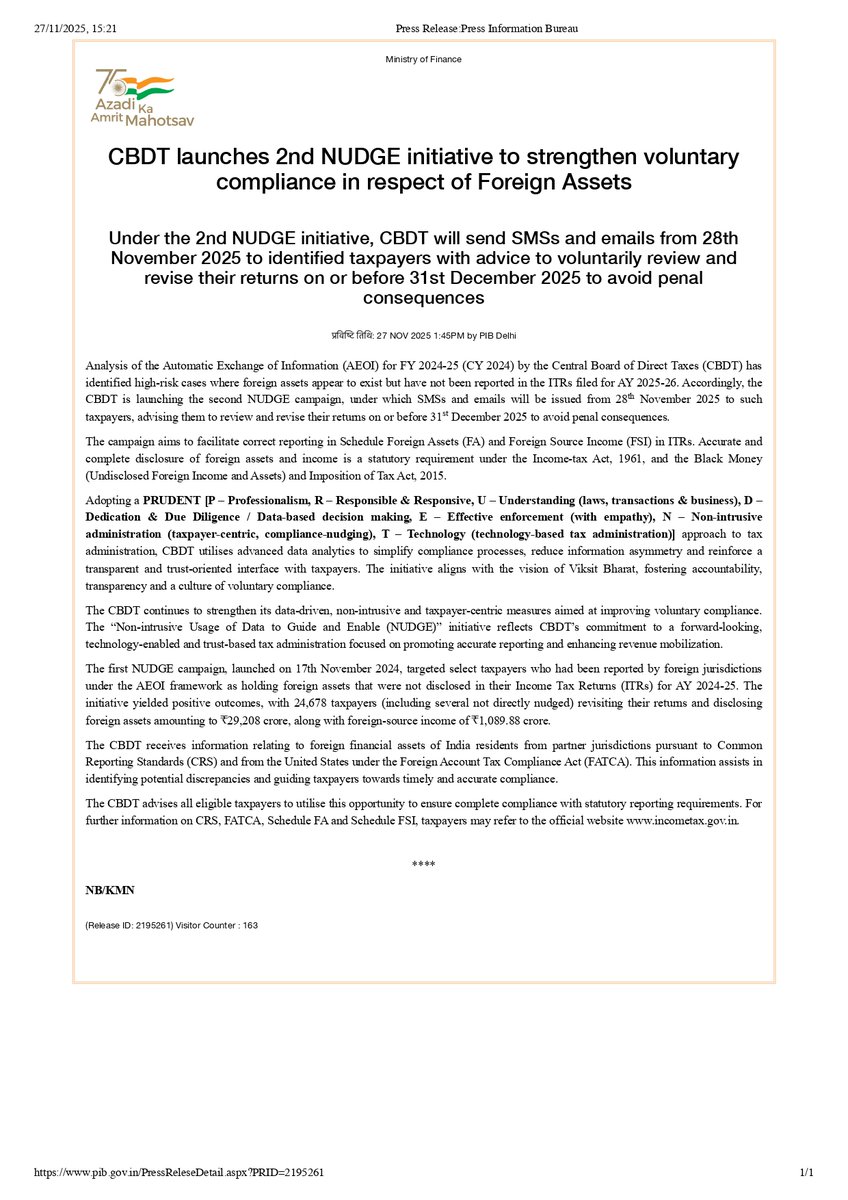CAYogesh4u's tweet photo. Huge Step by CDBT! 🚩

CBDT has launched NUDGE 2.0 to help taxpayers voluntarily correct foreign asset reporting.

After the first NUDGE led to disclosures of ₹29,000 crore+, the second phase now targets mismatches identified through AEOI/CRS/FATCA data.

If you receive an SMS or email from 28 Nov 2025, review your ITR and make necessary foreign assets/income corrections before 31 Dec 2025 for smooth and transparent compliance.
#CBDT #ForeignAssets #ITR