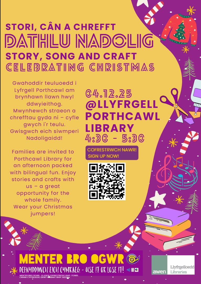 📚🎨Families are invited to Porthcawl Library for an afternoon packed with bilingual fun. Enjoy stories and crafts with us – a great opportunity for the whole family. Wear your Christmas jumpers! 🎄

📆 4:30pm – 5:30pm, 4/12/25

🔗 Must book in advance: forms.gle/RZBbEqdLve3tyf…