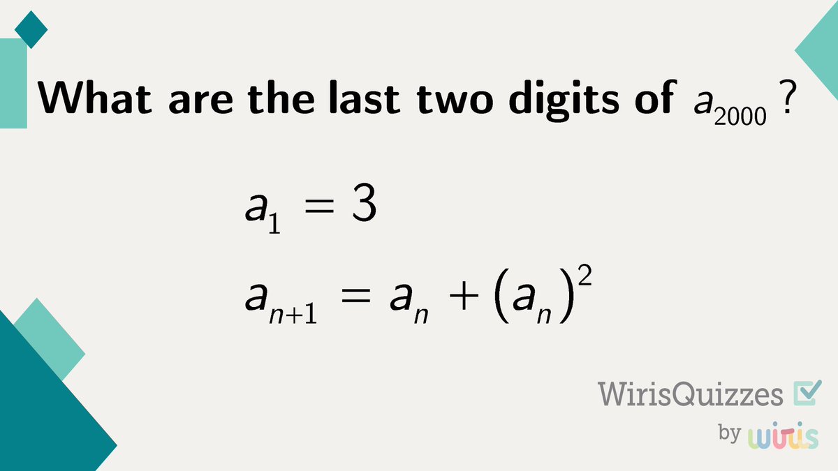 WirisQuizzes's tweet image. Are you up for a challenge? 💥

🔢🔍 The task is simple: Determine the last two digits of &quot;a2000&quot;. 

#WirisQuizzes #mathquiz #mathproblem #mathexercise #problem #MathType #math #mathematics #geometry #STEM